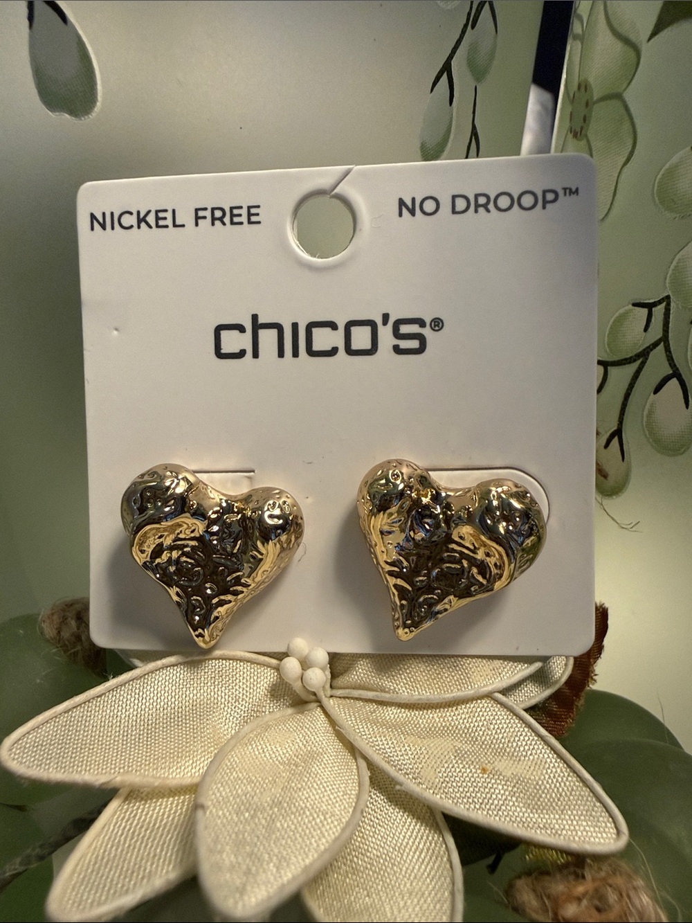 Chico's Gold-Tone Embossed Heart Stud Earrings No Droop